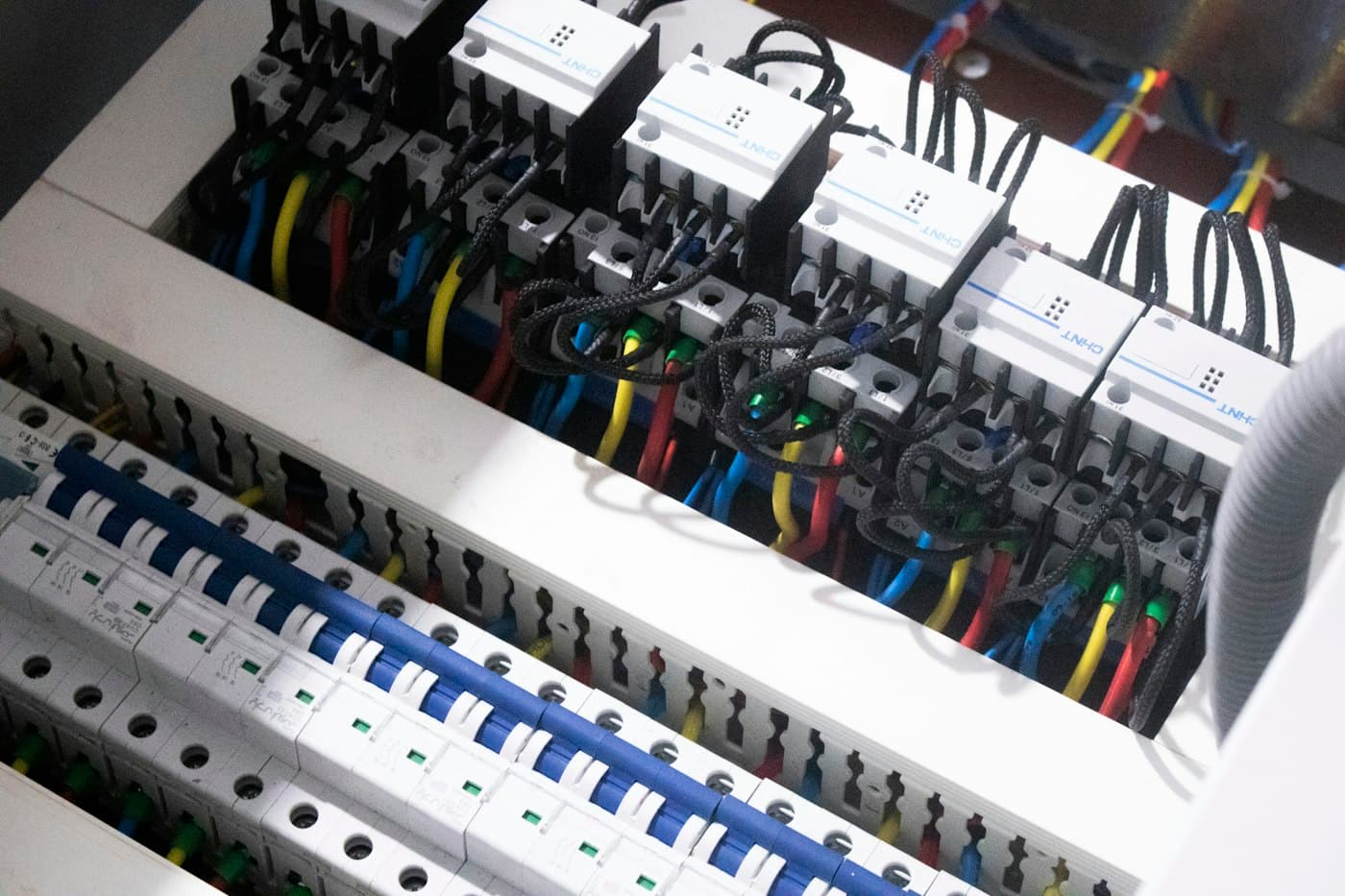 Circuit breakers and wiring inside an electrical distribution board
